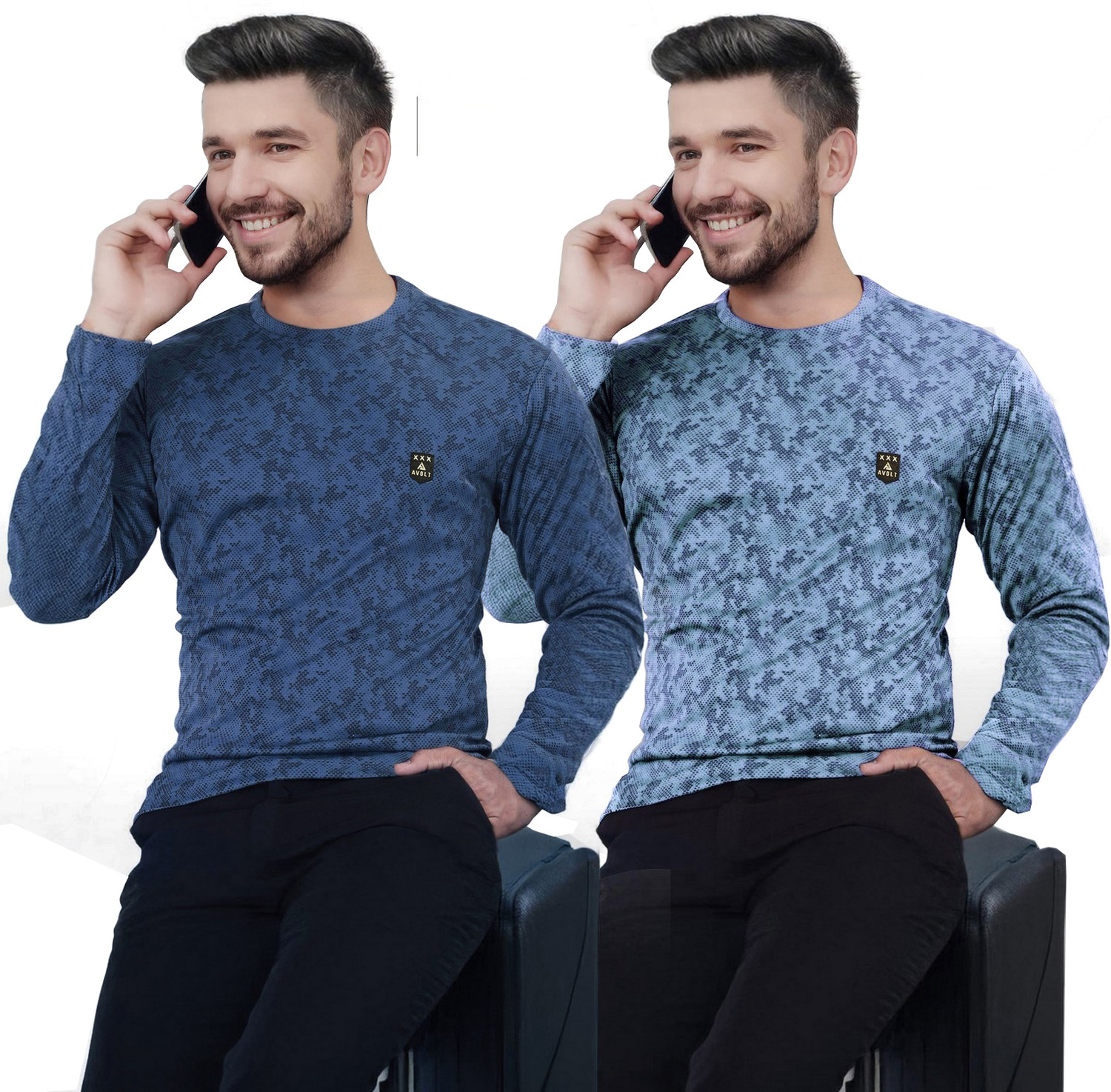 Image of AVOLT Printed Men Round Neck Grey, Light Blue T-Shirt