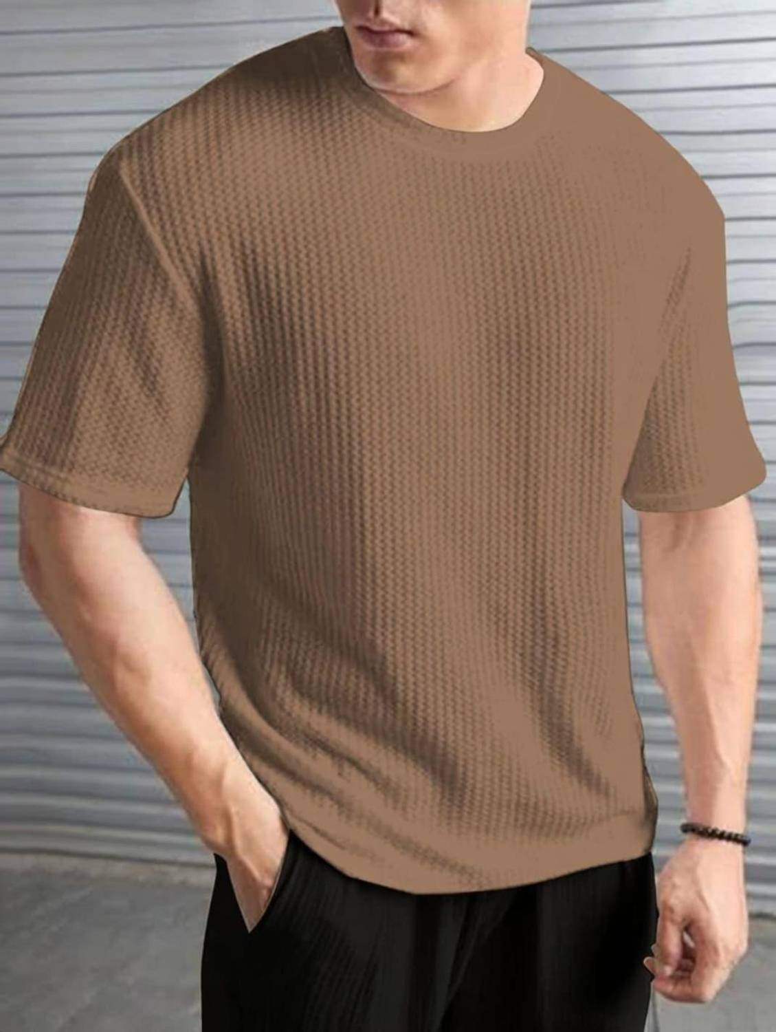 BOOM BAAM Self Design Men Round Neck Brown T-Shirt