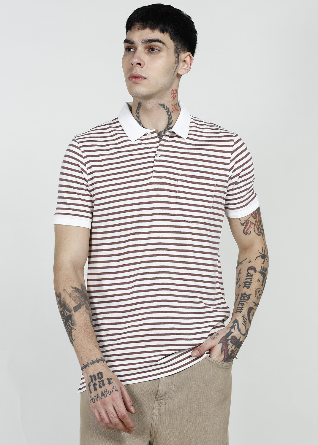 Image of PETER ENGLAND Striped Men Polo Neck Brown T-Shirt