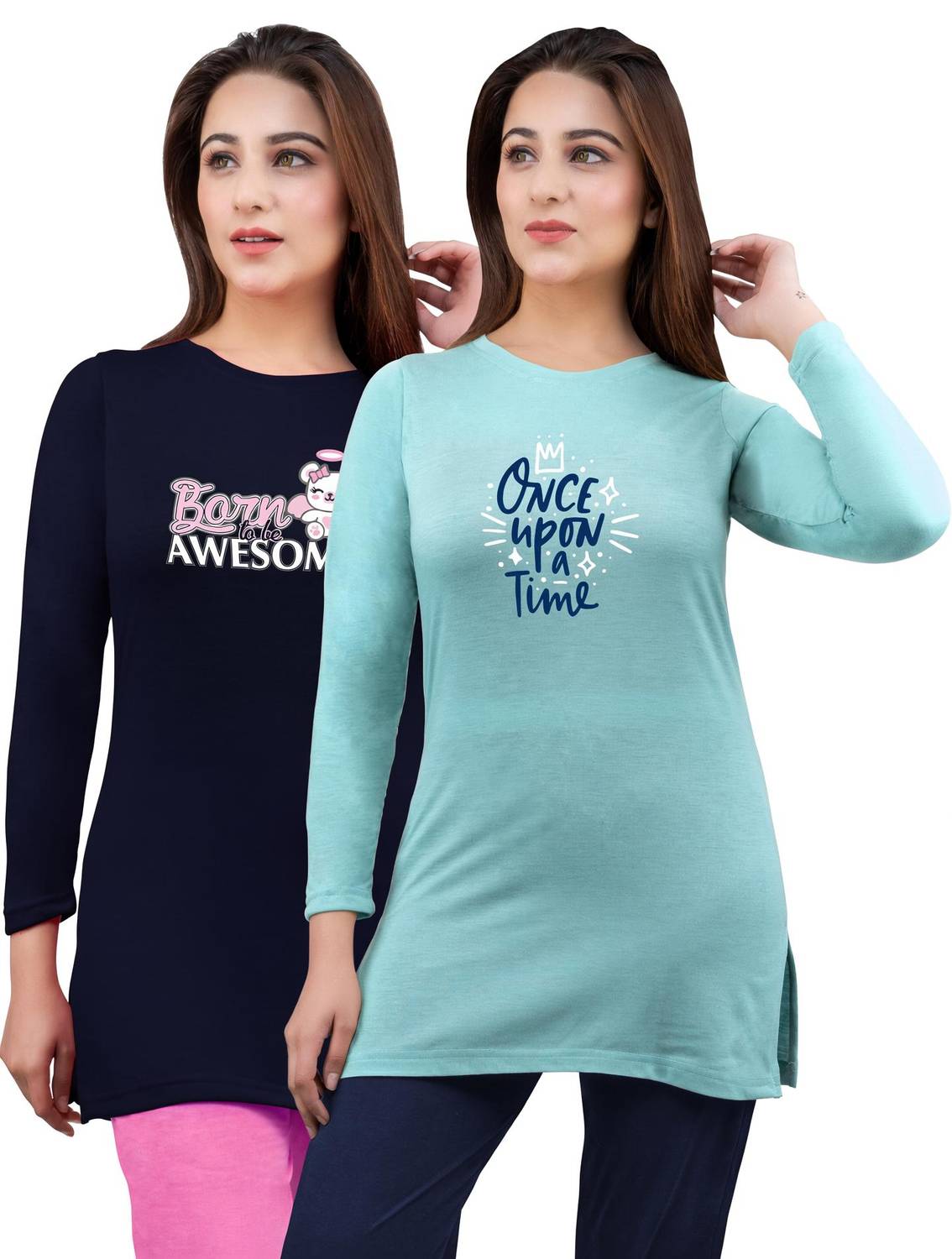 AMAHA Printed Women Round Neck Dark Blue, Light Blue T-Shirt