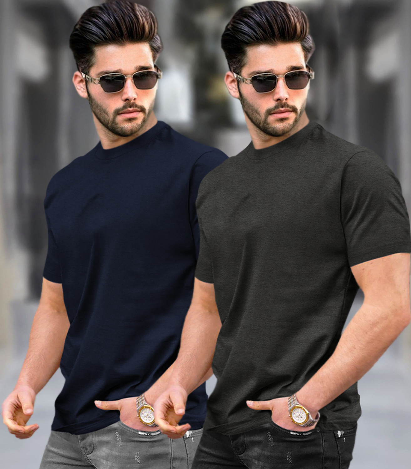 Image of TRIPR Solid Men Round Neck Navy Blue, Black T-Shirt