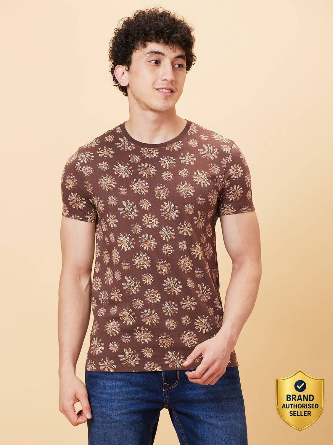 BEING HUMAN Printed Men Round Neck Brown T-Shirt