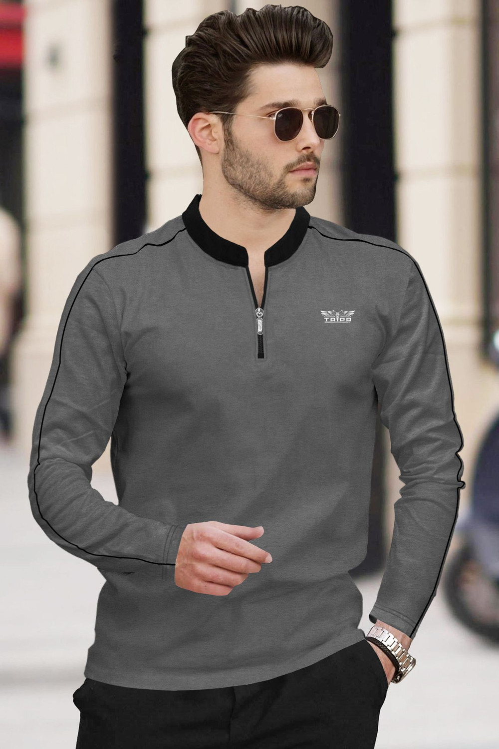Image of TRIPR Solid Men Mandarin Collar Grey, Black T-Shirt