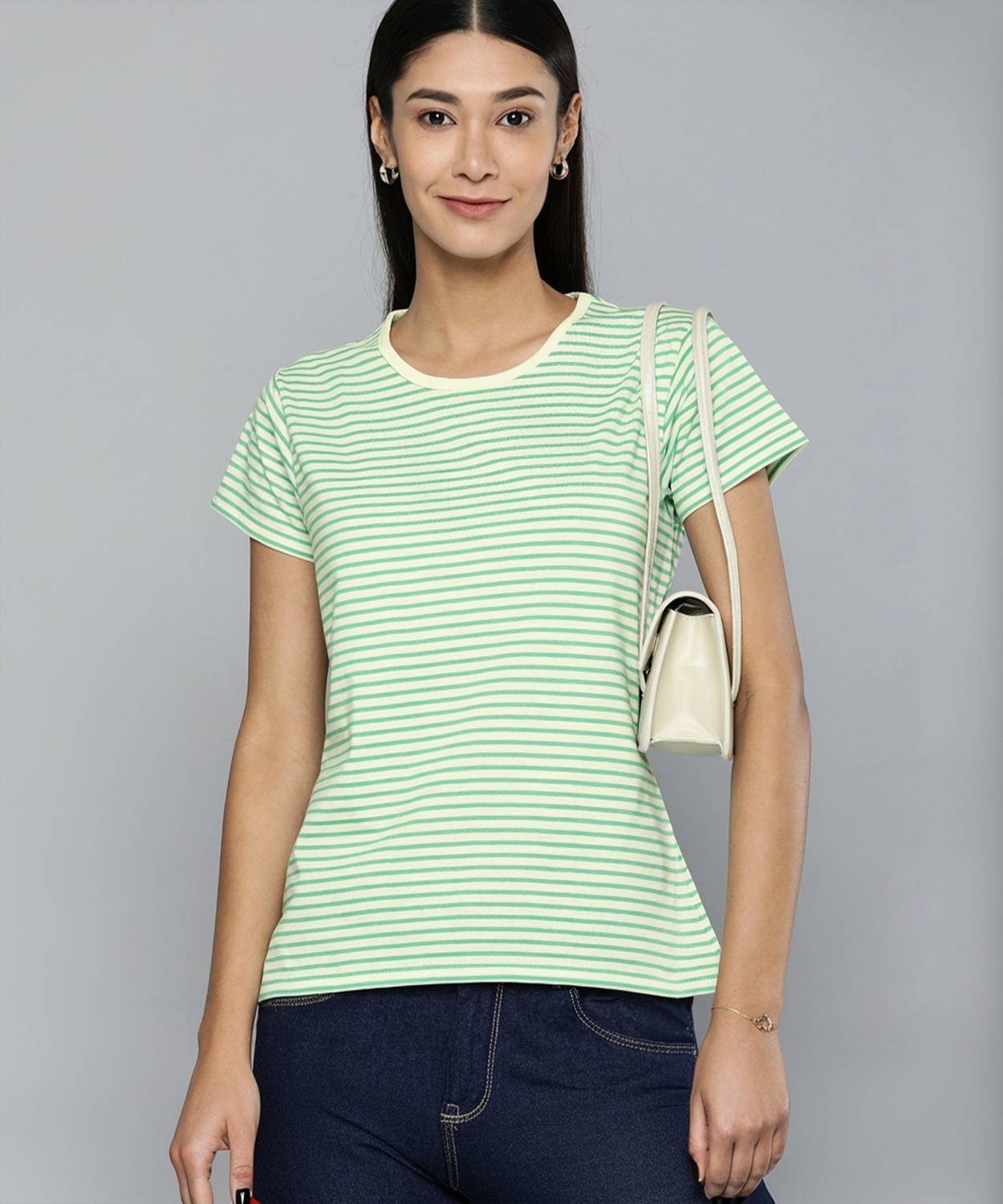 Affordable AF Striped Women Round Neck Light Green T-Shirt