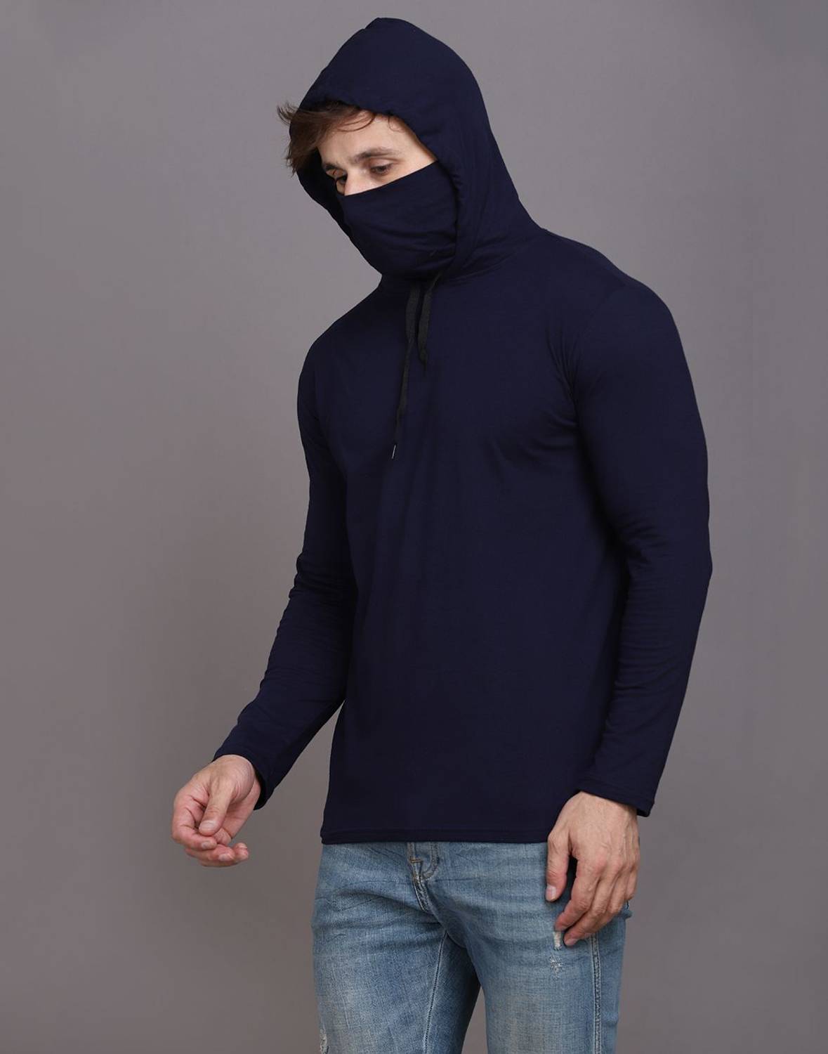Teacherfab Solid Men Hooded Neck Dark Blue T-Shirt