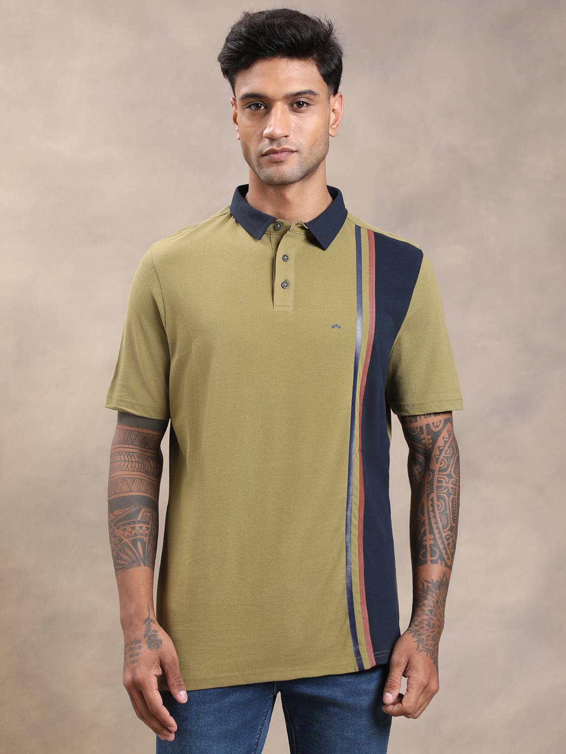TURTLE Men Striped Polo Neck Cotton Blend Light Green T-Shirt