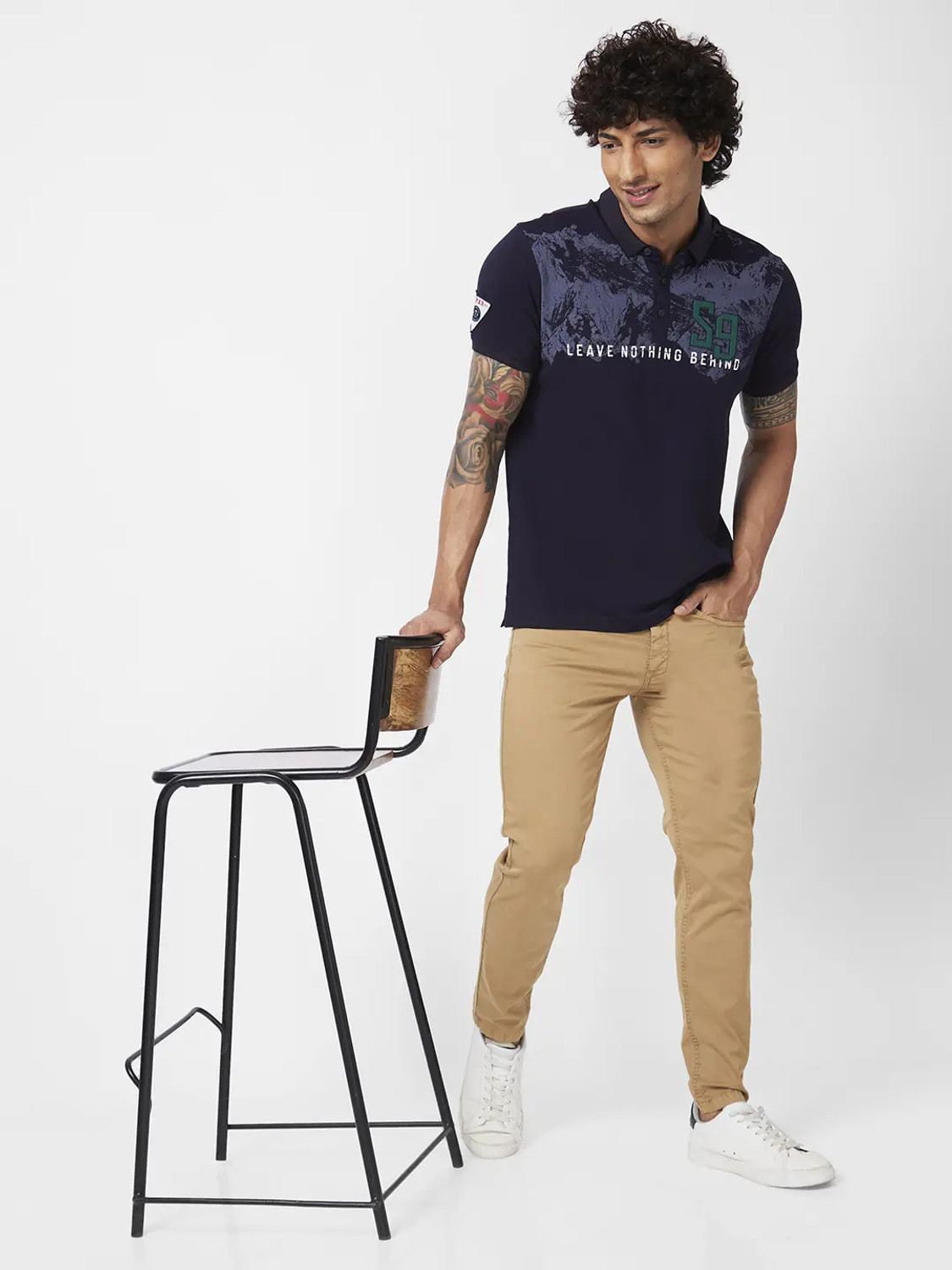 Image of Spykar Printed Men Polo Neck Blue T-Shirt