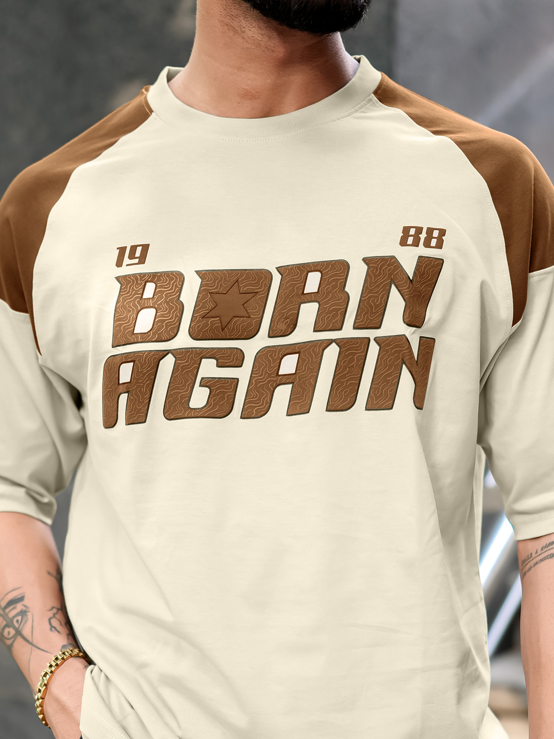 Image of MANIAC Printed Men Round Neck Beige T-Shirt