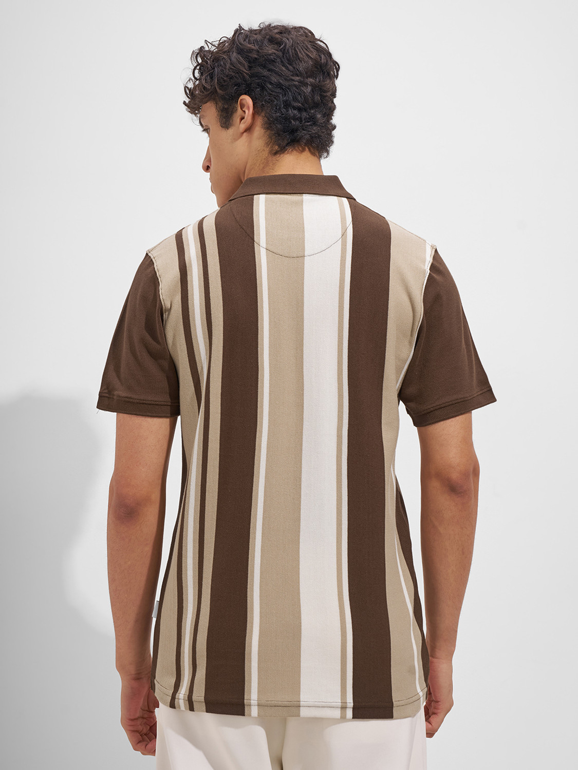 Image of HIGHLANDER Striped Men Polo Neck Brown T-Shirt