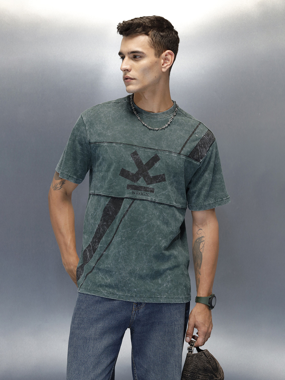 Image of WROGN Printed Men Crew Neck Green T-Shirt