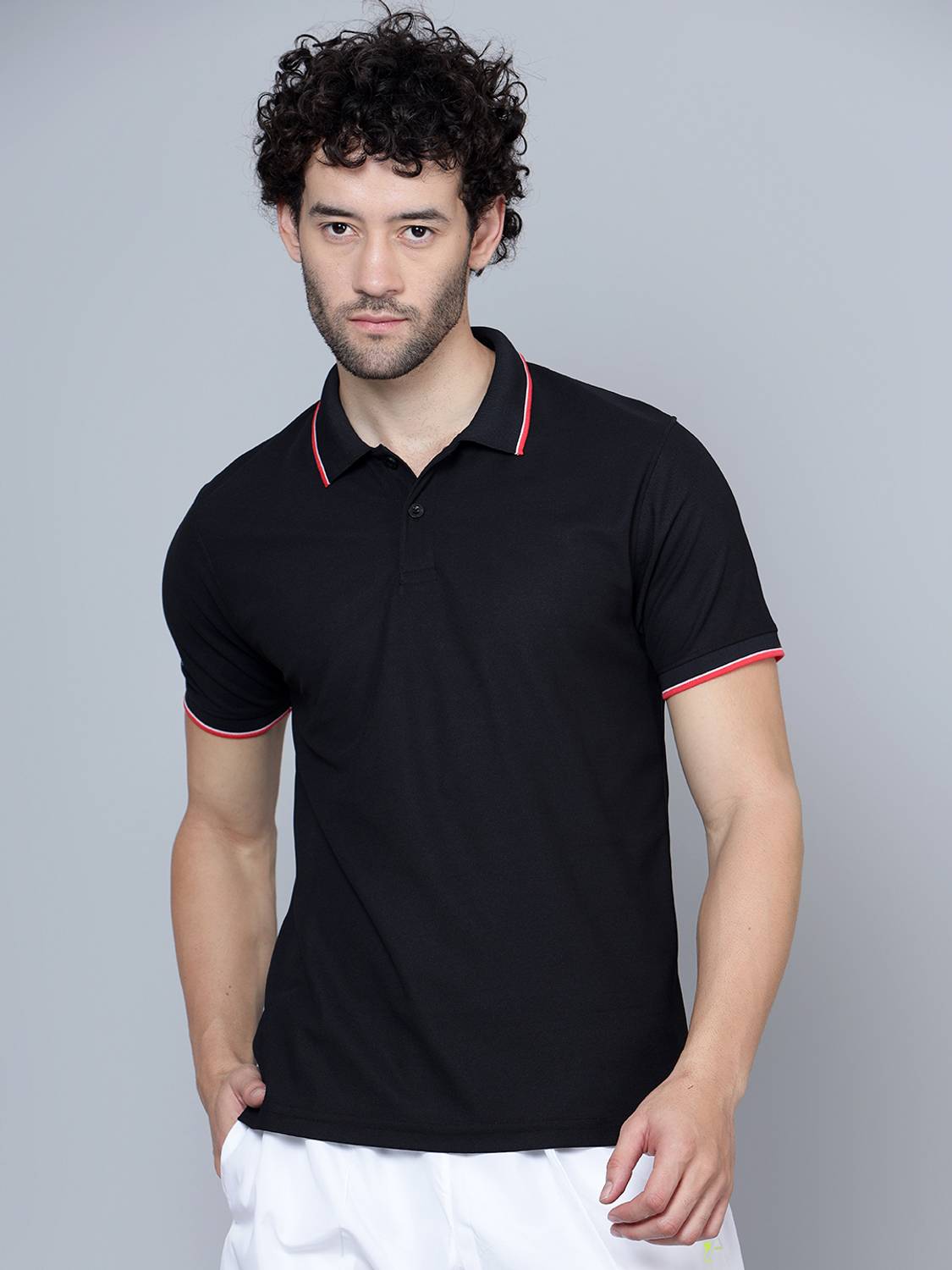 Shiv Naresh Men Solid Polo Neck Polyester Black T-Shirt