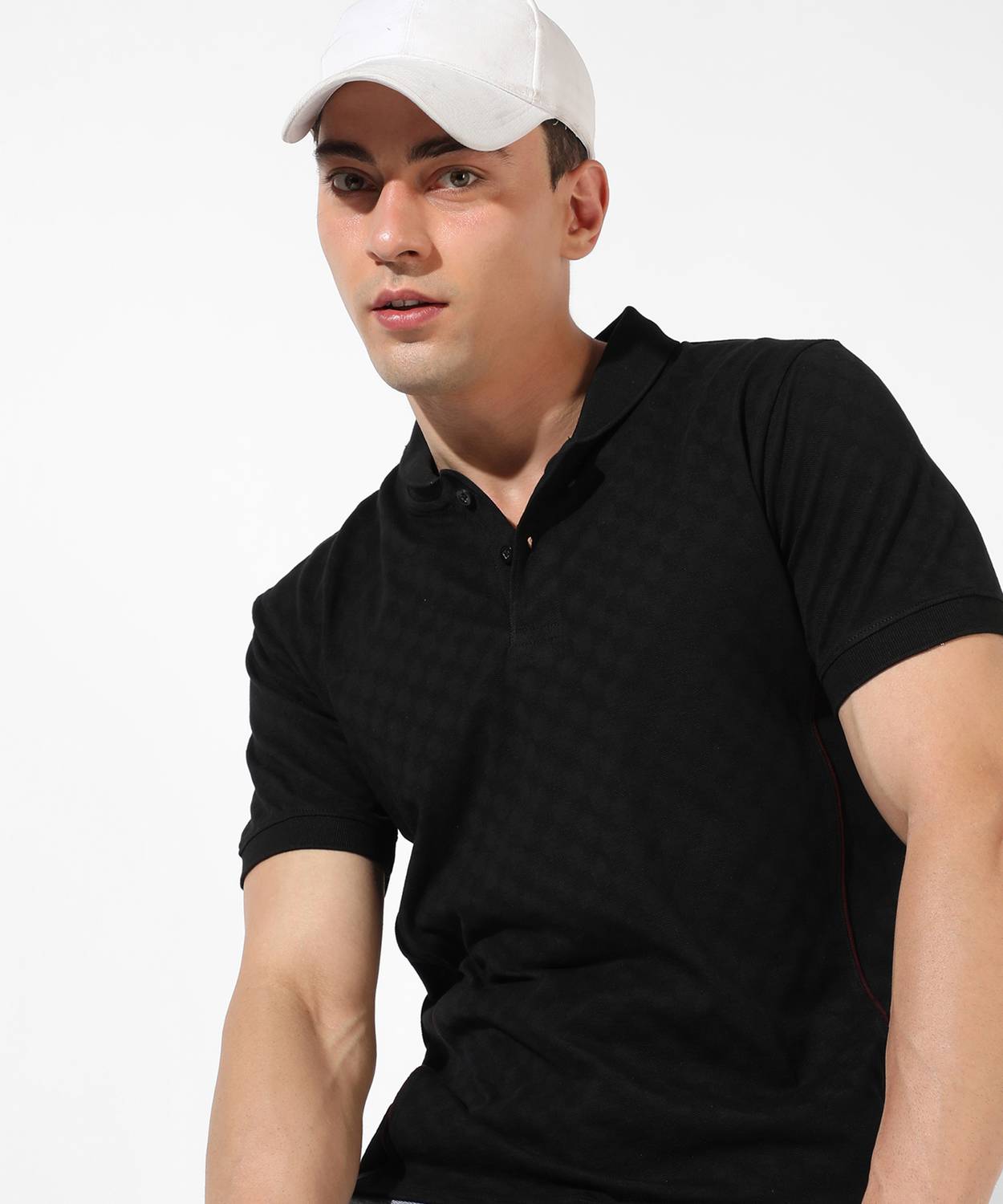 CAHOOT Self Design Men Mandarin Collar Black T-Shirt