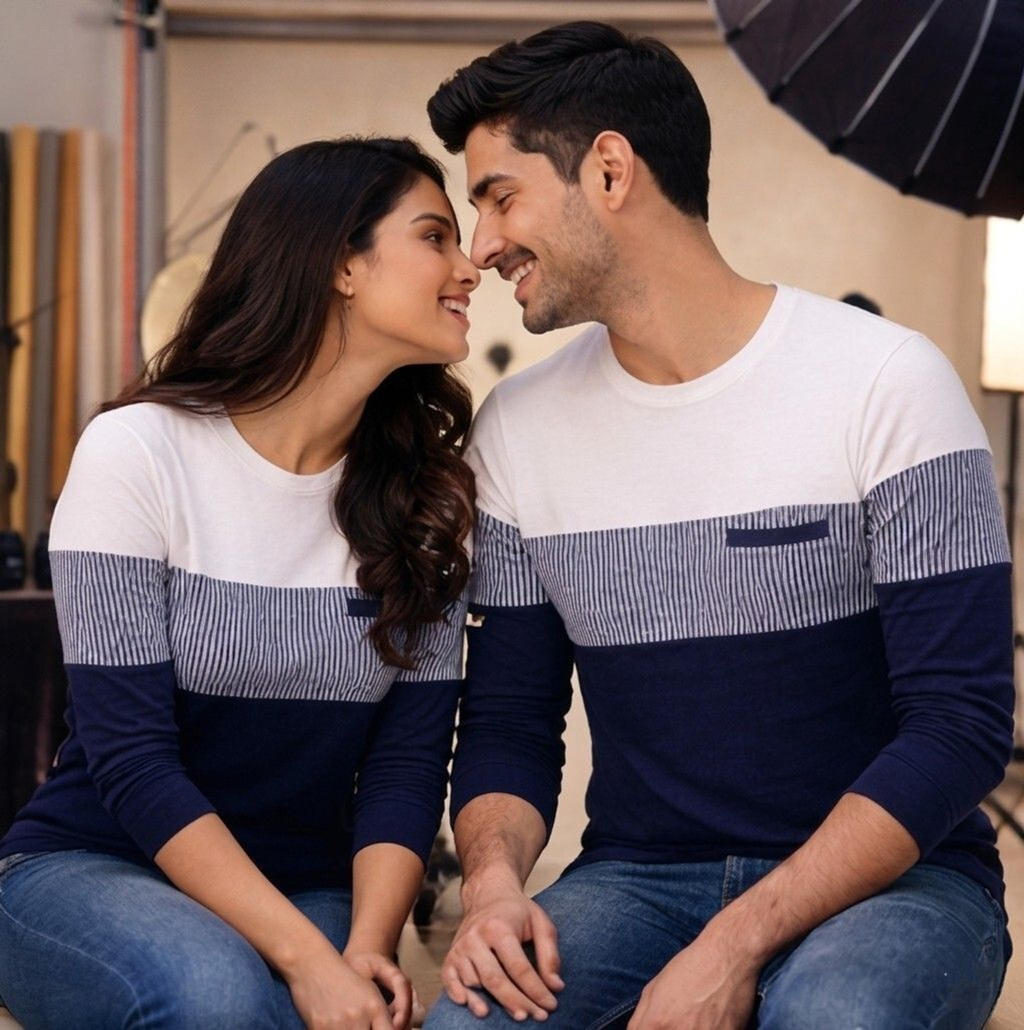 Image of seventimes Striped Couple Round Neck Multicolor T-Shirt