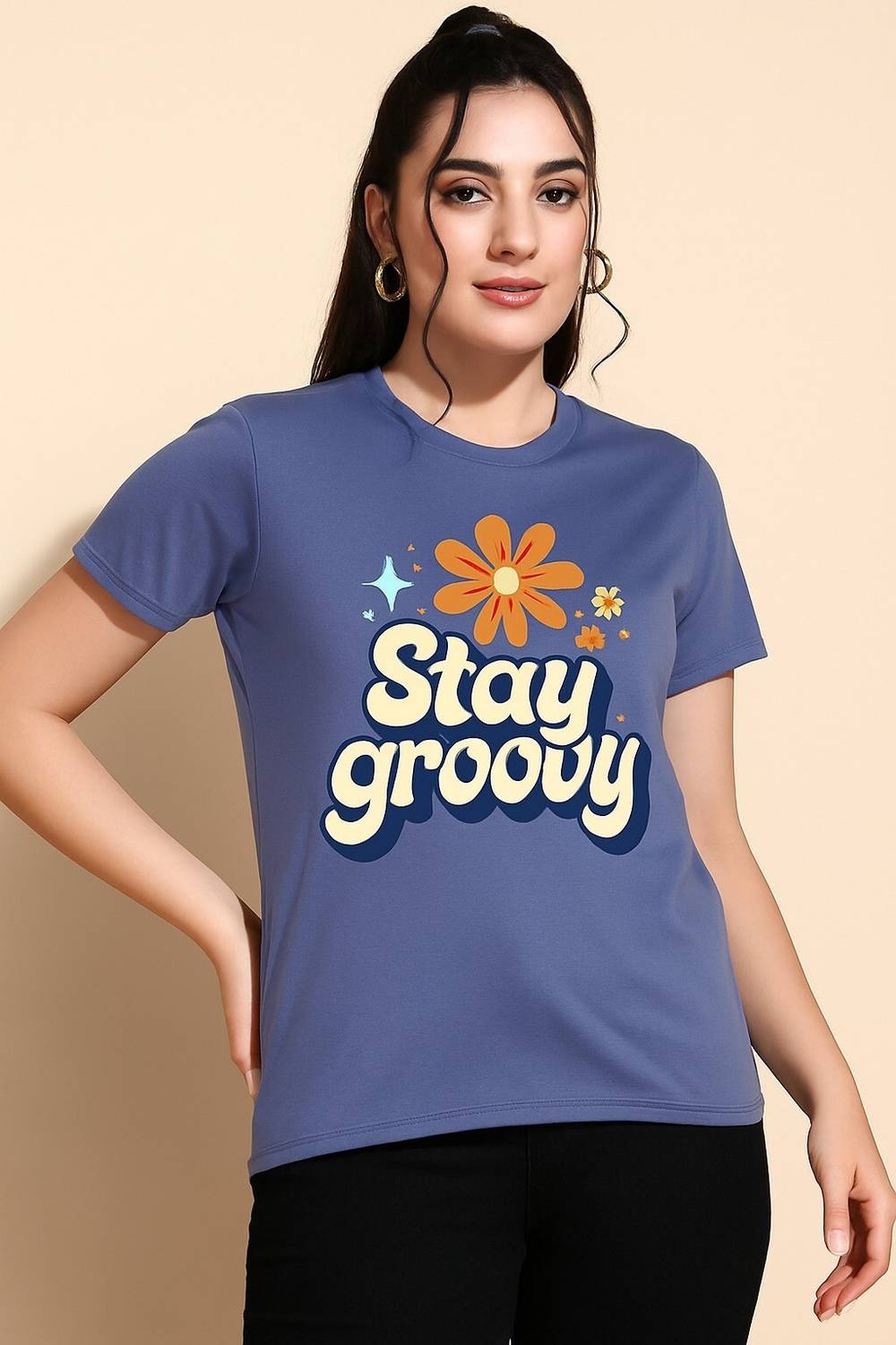 Adyavastram Printed Women Round Neck Blue T-Shirt