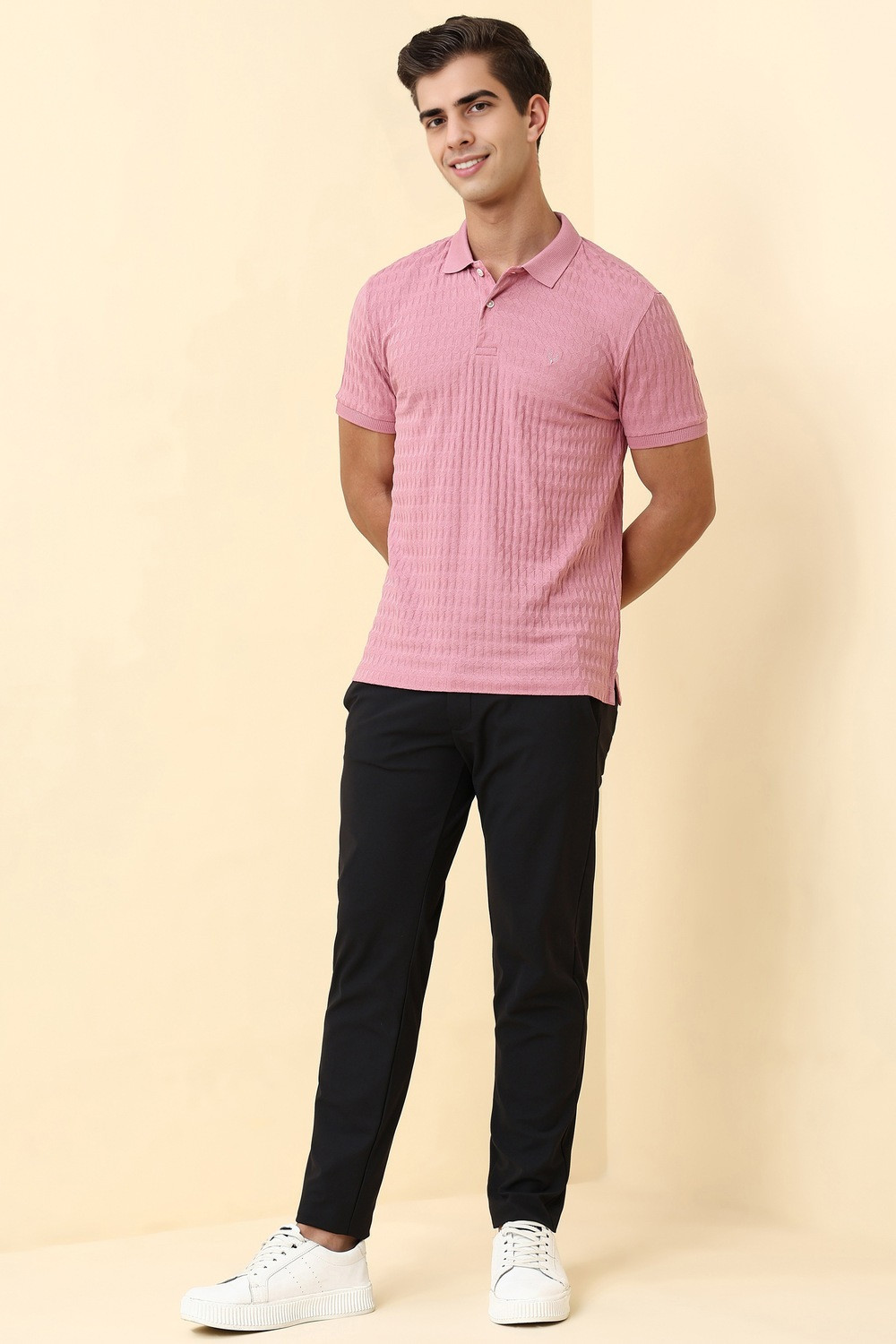 Image of Allen Solly Men Solid Polo Neck Pure Cotton Pink T-Shirt