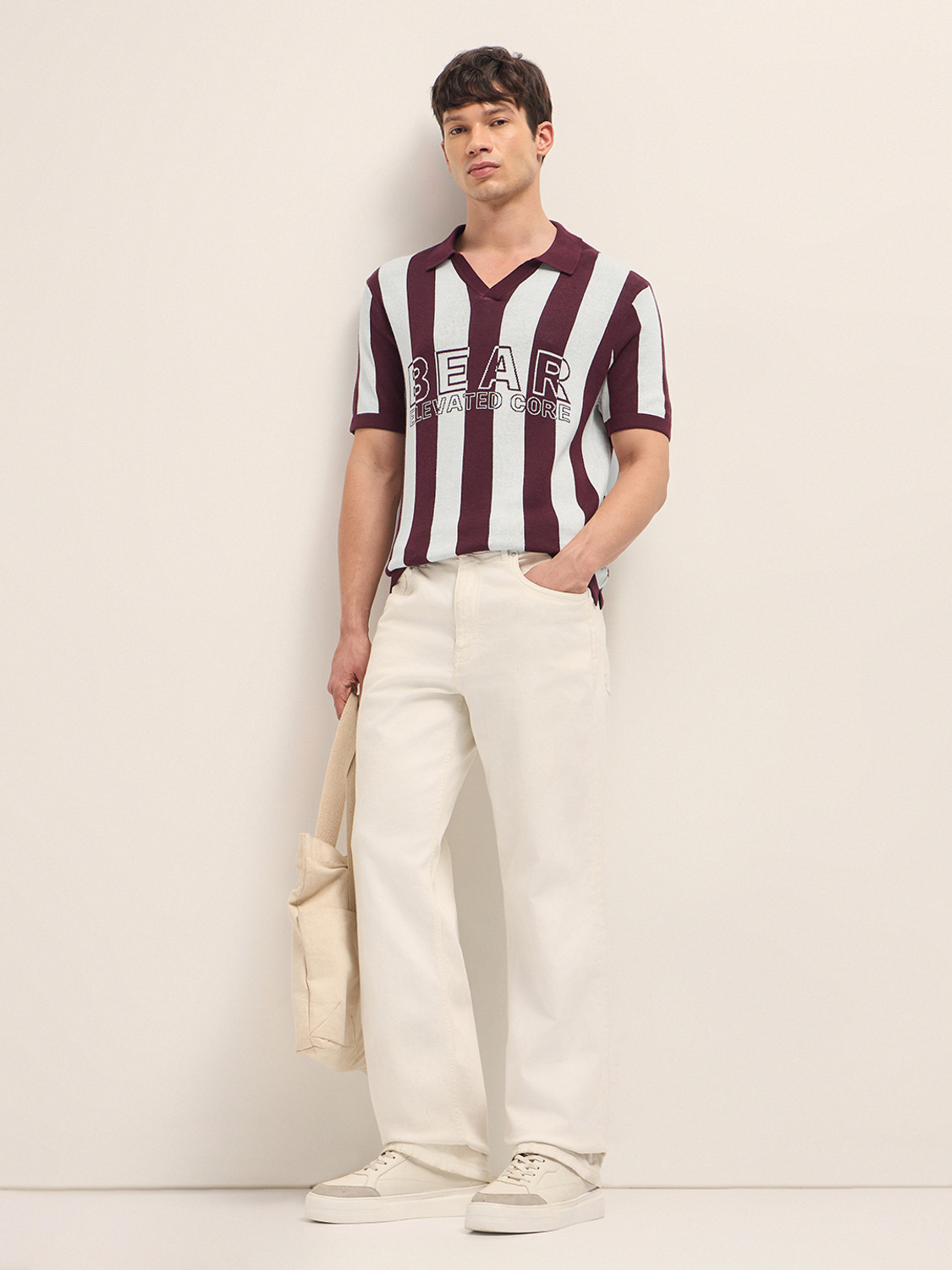 Image of THE BEAR HOUSE Striped Men Polo Neck Maroon T-Shirt