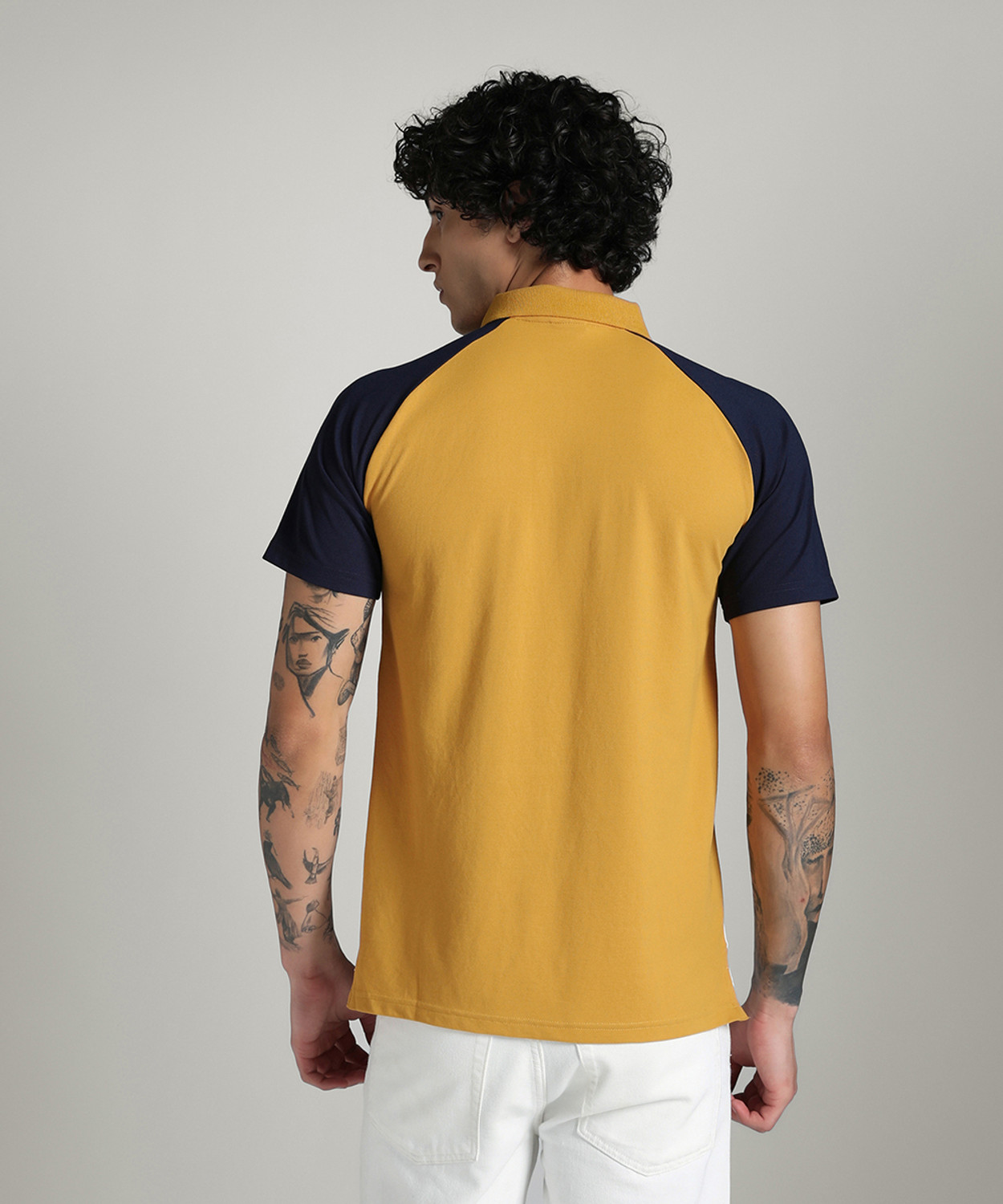 Image of PUMA Men Colorblock Polo Neck Cotton Blend Yellow T-Shirt