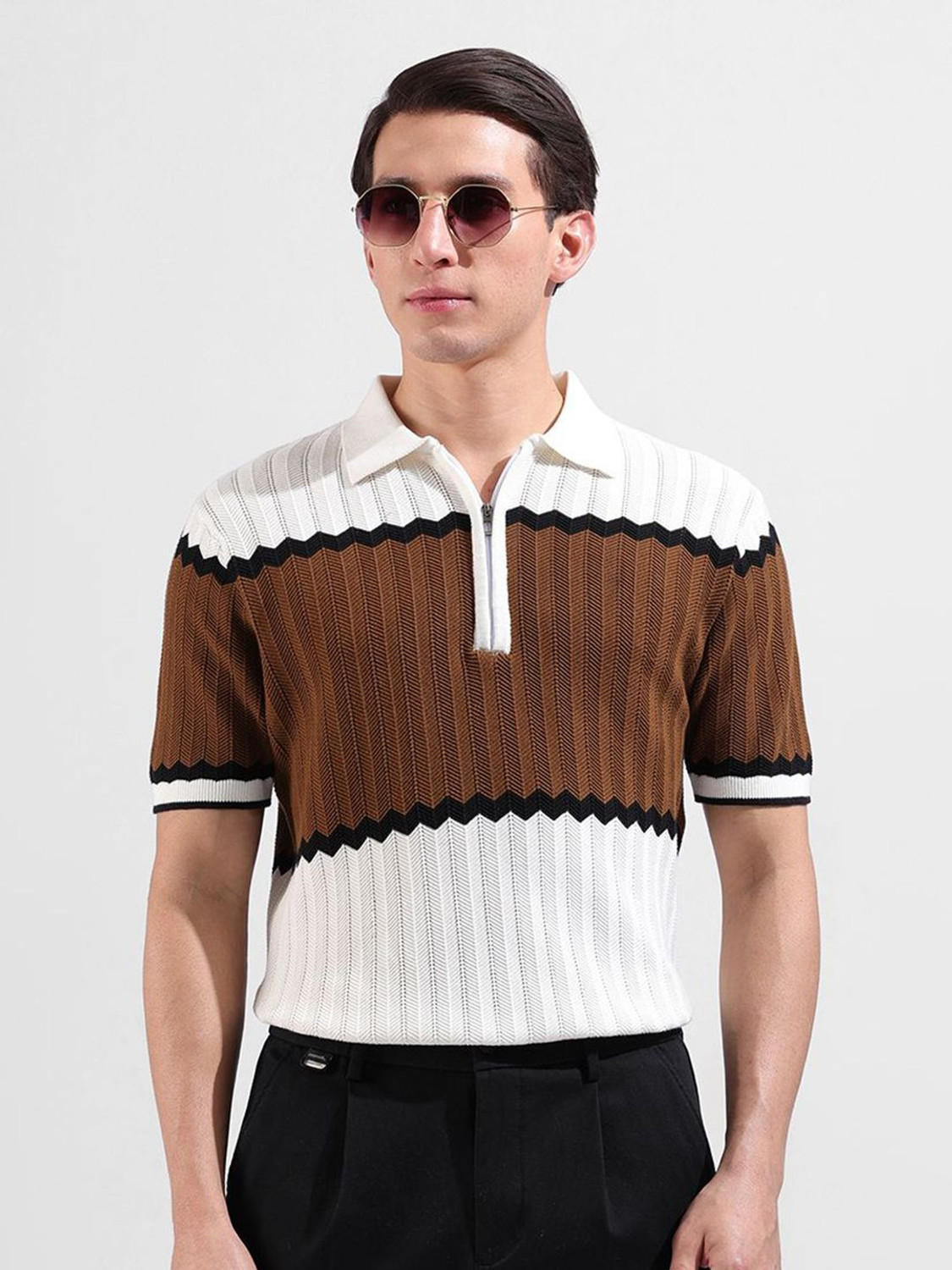 Image of The Indian Garage Co. Self Design Men Polo Neck Multicolor T-Shirt