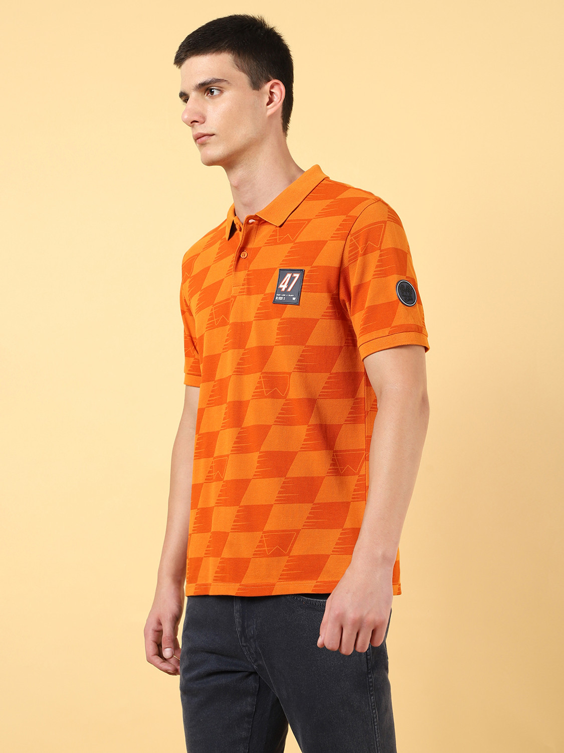 Image of Wrangler Printed Men Polo Neck Orange T-Shirt