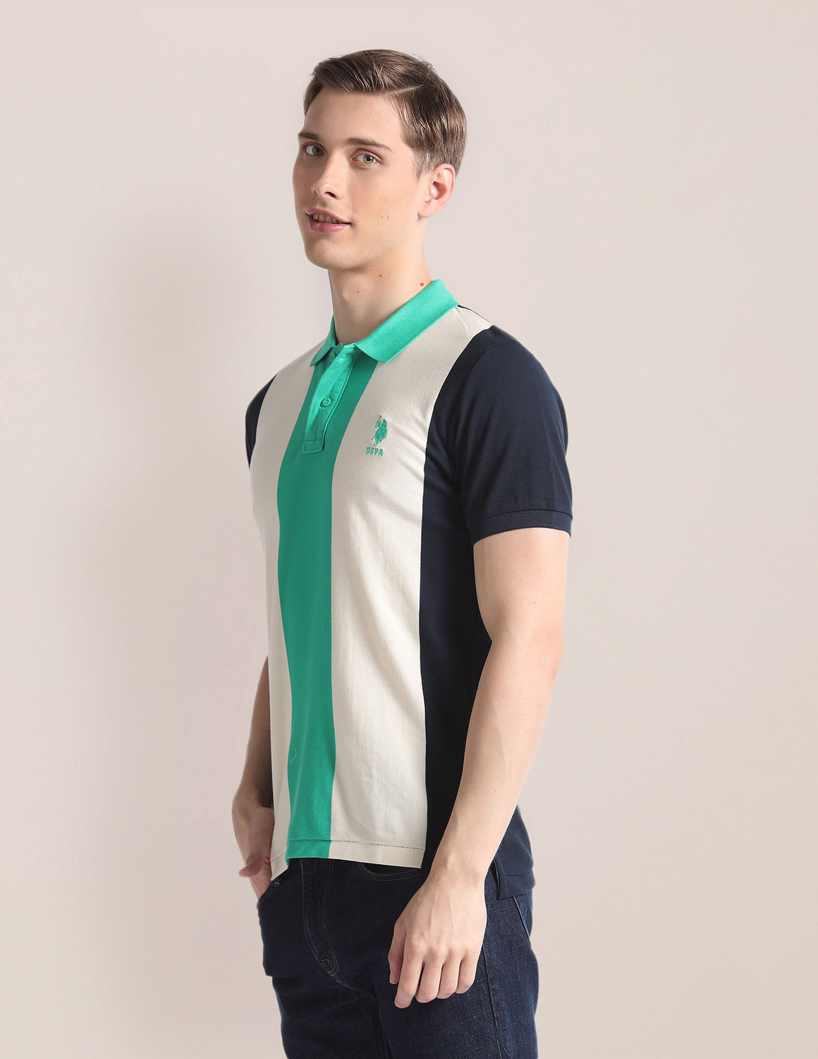 Image of U.S. POLO ASSN. Striped Men Polo Neck Blue T-Shirt