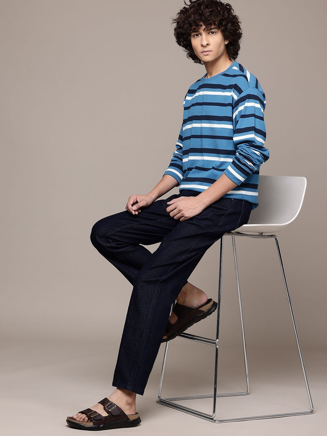 Image of Roadster Striped Men Round Neck Blue T-Shirt