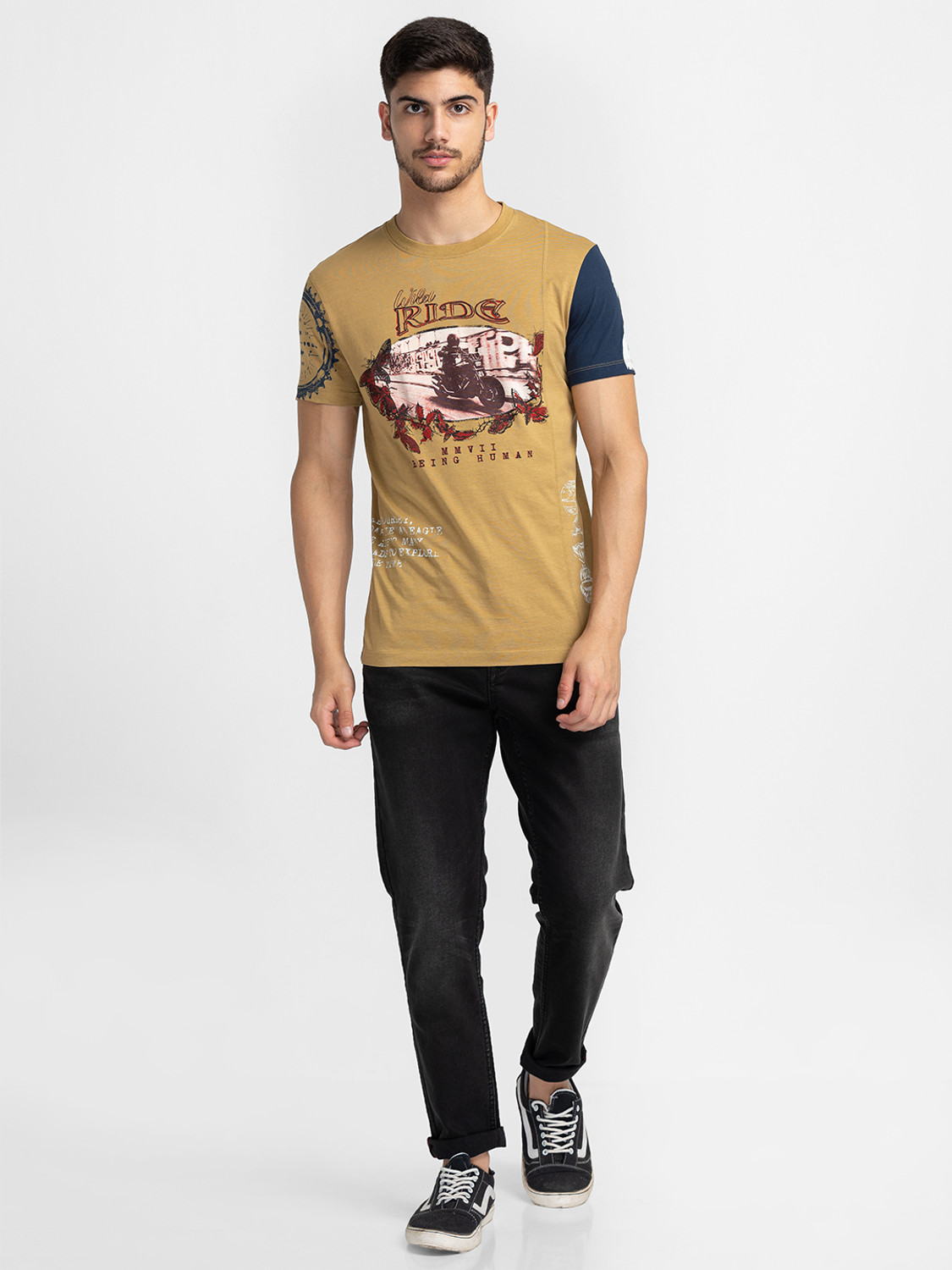 Image of BEING HUMAN Printed Men Round Neck Beige T-Shirt