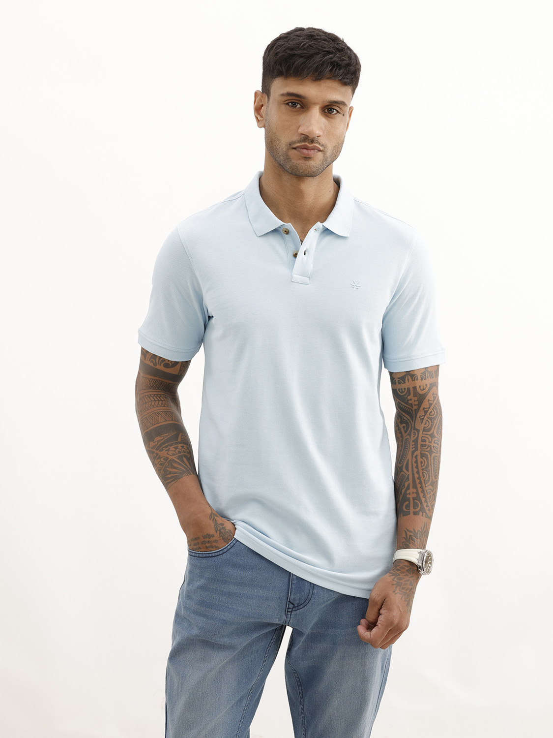 Image of WROGN Solid Men Polo Neck Blue T-Shirt