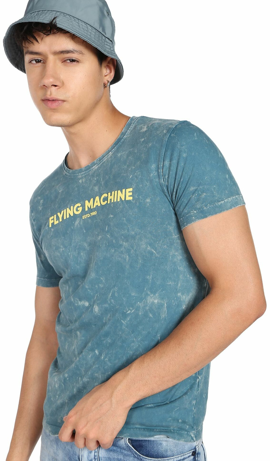 Image of FLYING MACHINE Typography Men Round Neck Blue T-Shirt