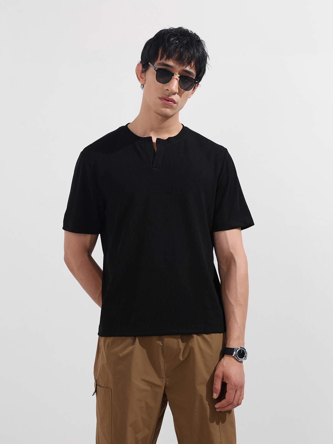 Image of The Indian Garage Co. Self Design Men V Neck Black T-Shirt