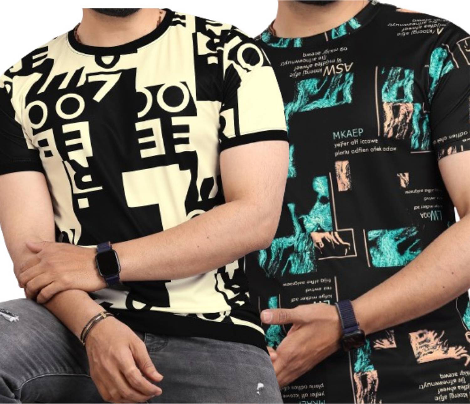 sti Pack of 2 Men Printed Round Neck Polyester Multicolor T-Shirt