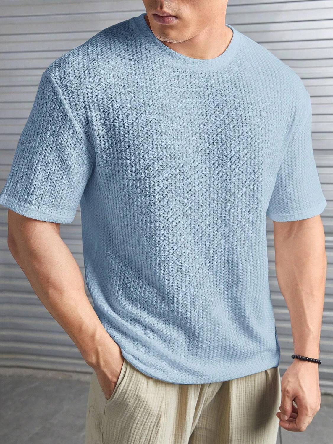 BOOM BAAM Self Design Men Round Neck Blue T-Shirt