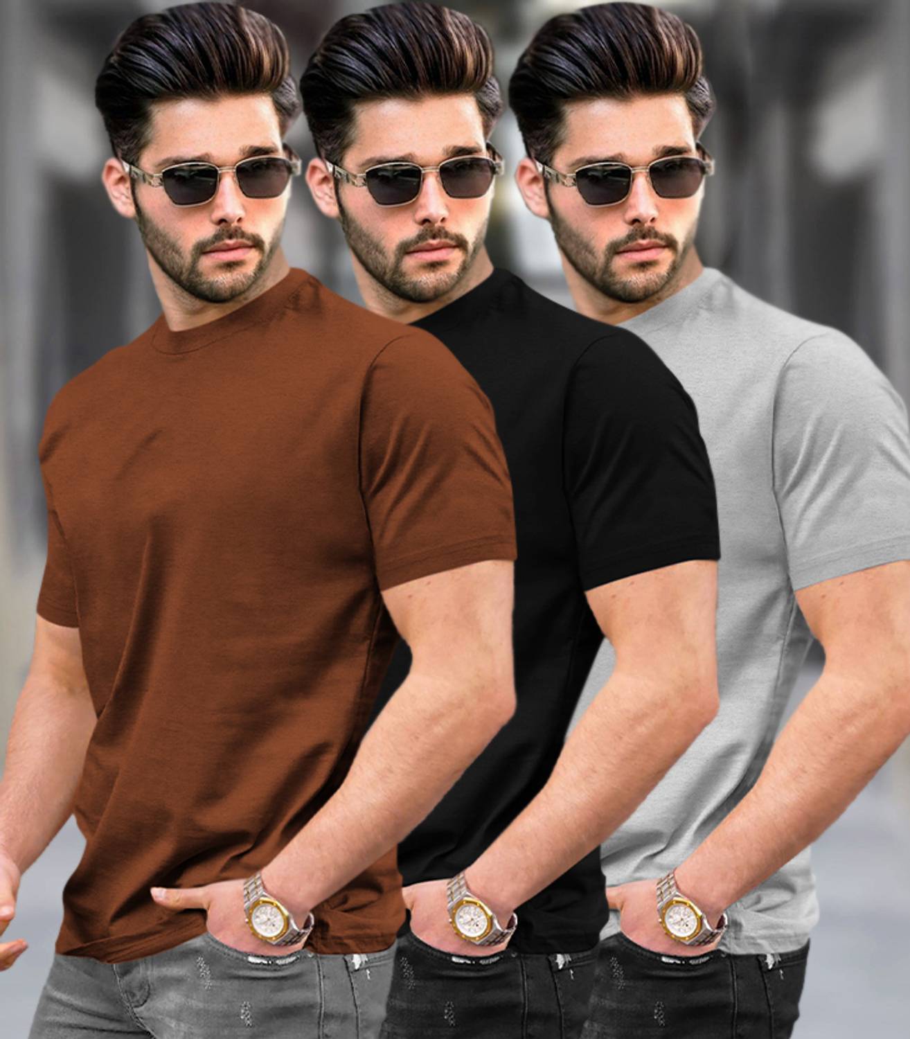 TRIPR Pack of 3 Men Solid Round Neck Cotton Blend Multicolor T-Sh