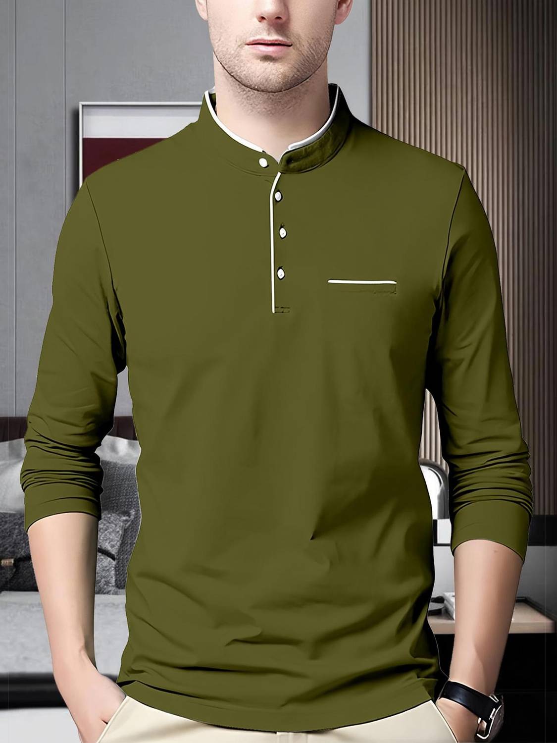 ENITOR Solid Men Mandarin Collar Light Green T-Shirt