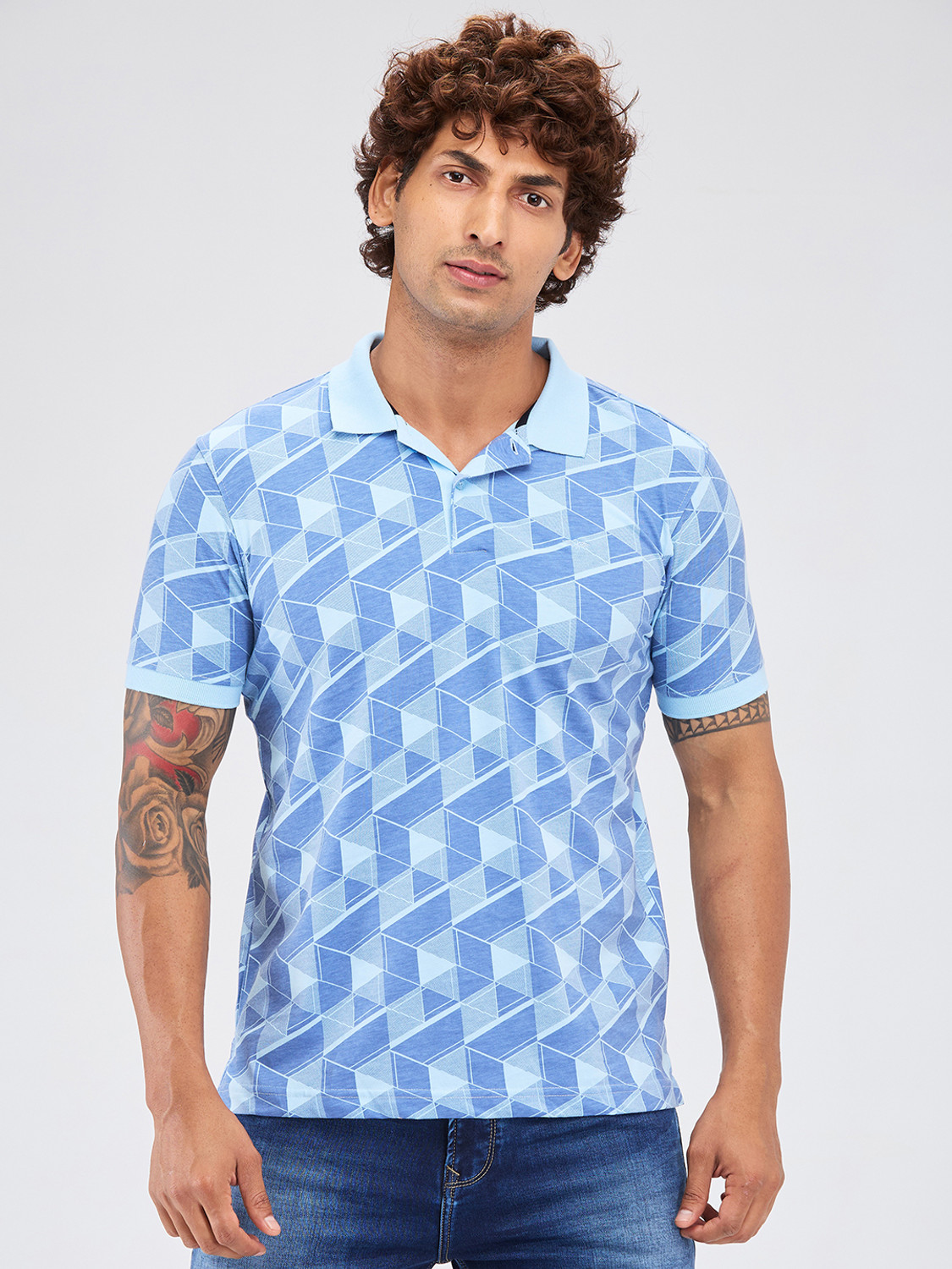 Image of PARK AVENUE Printed Men Polo Neck Blue T-Shirt