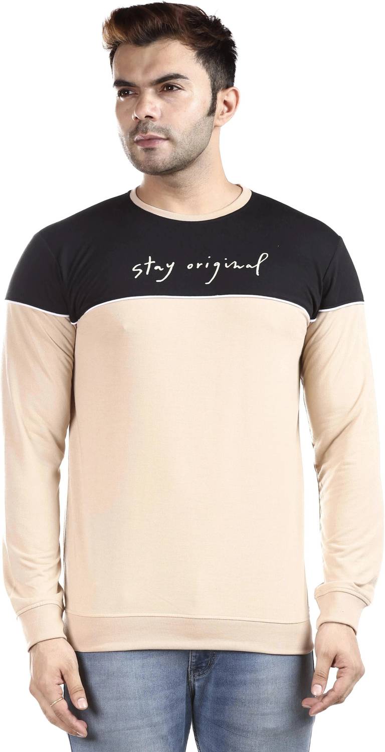 E-MAX Men Printed Round Neck Polyester Beige T-Shirt