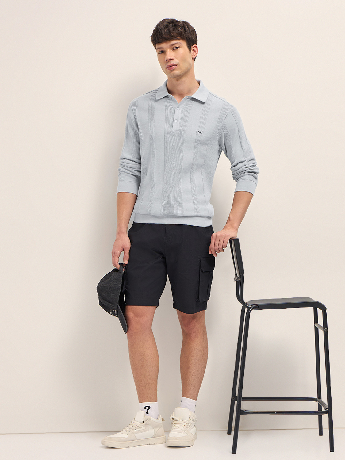 Image of THE BEAR HOUSE Striped Men Polo Neck Grey T-Shirt