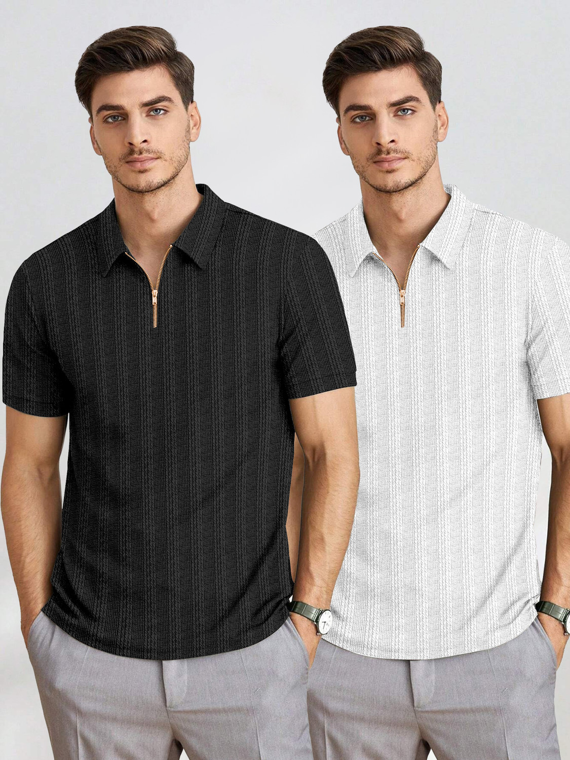 Image of COMBRAIDED Striped Men Zip Neck Multicolor T-Shirt