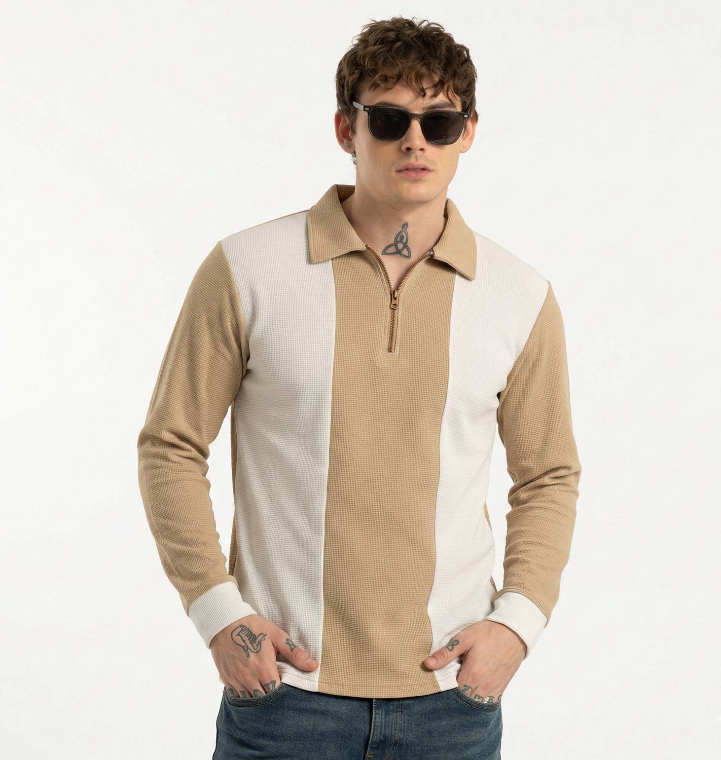 Bairagi Colorblock Men Polo Neck Beige, White T-Shirt