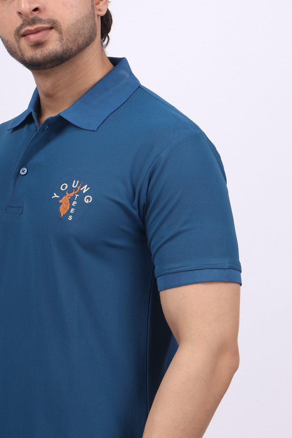 Image of swagfit Men Solid Polo Neck Cotton Blend Blue T-Shirt