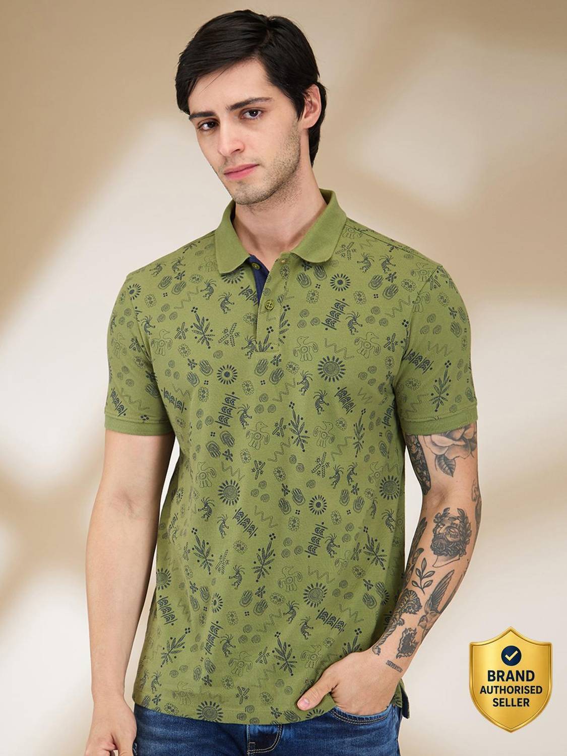 BEING HUMAN Printed Men Polo Neck Green T-Shirt