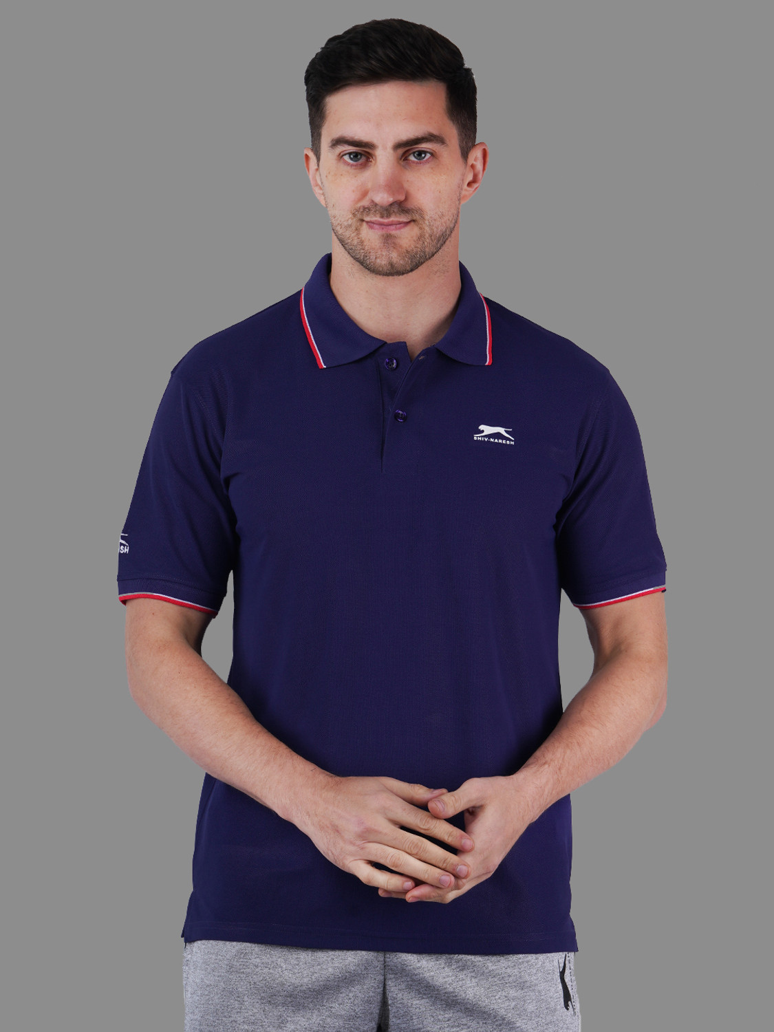 Image of Shiv Naresh Self Design Men Polo Neck Navy Blue T-Shirt