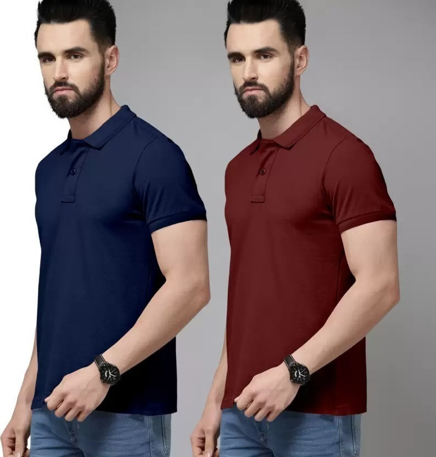 Image of balker merka Solid Men Polo Neck Navy Blue, Maroon T-Shirt