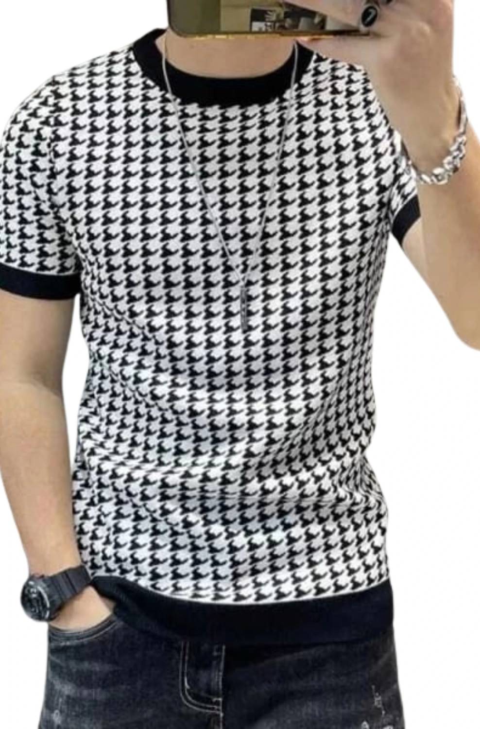 sti Men Printed Round Neck Polyester White, Black T-Shirt