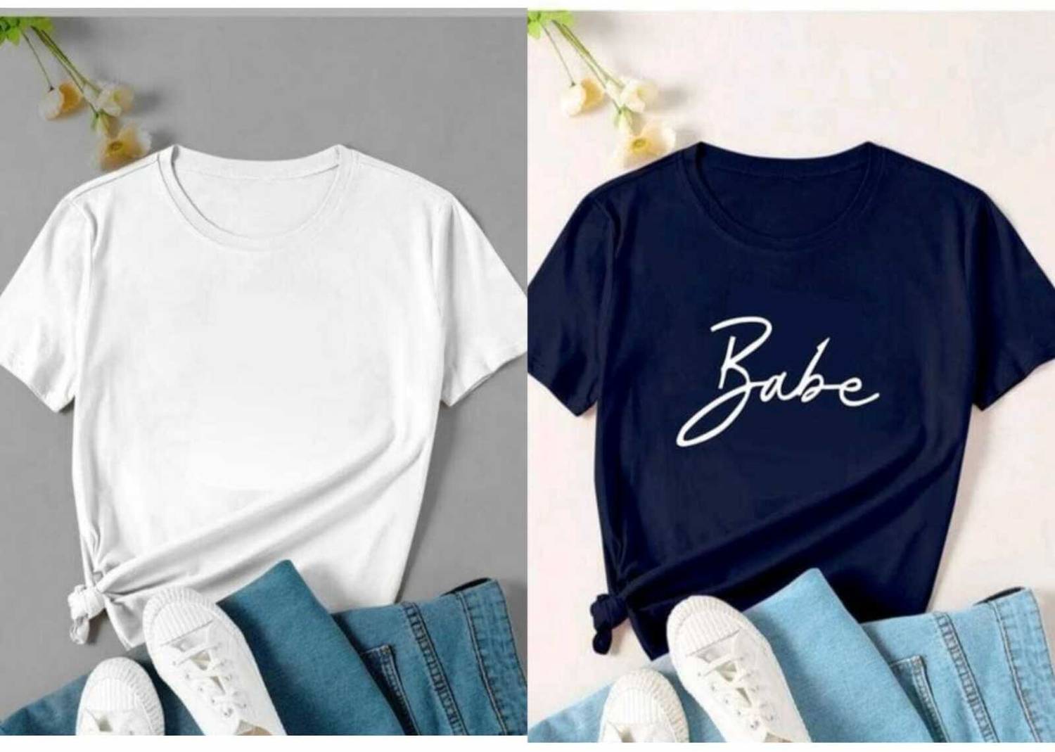 OneTip Solid Women Round Neck White, Blue T-Shirt