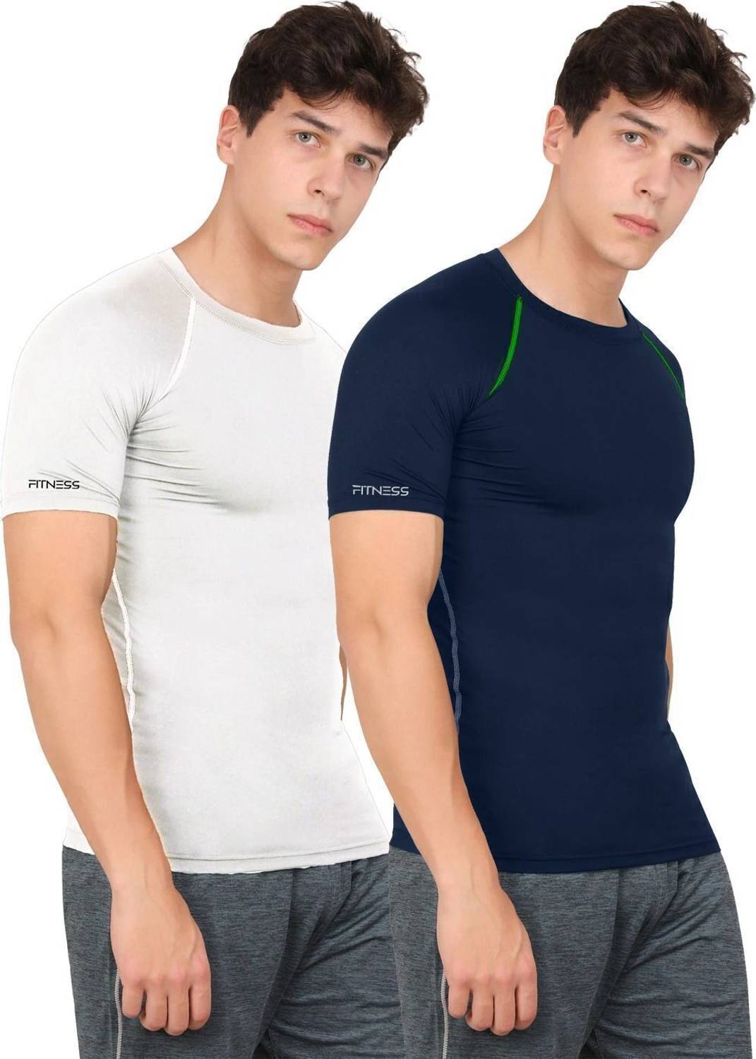 Kyk Pack of 2 Men Solid Round Neck Polyester White, Dark Blue T-S