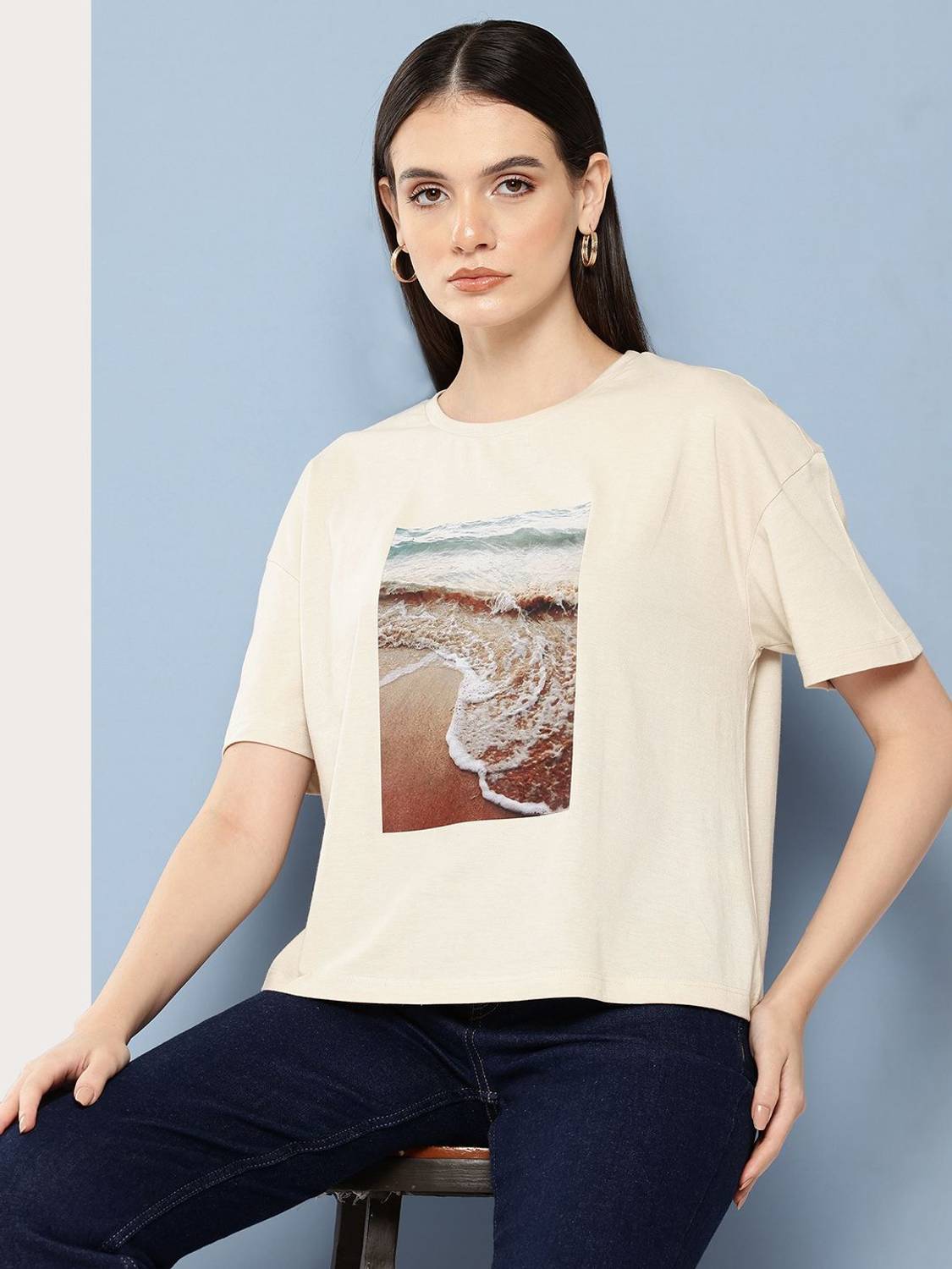 CHEMISTRY Printed Women Round Neck Beige T-Shirt