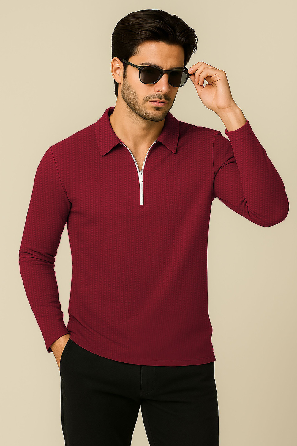 Image of HELMONT Striped Men Zip Neck Maroon, Green T-Shirt