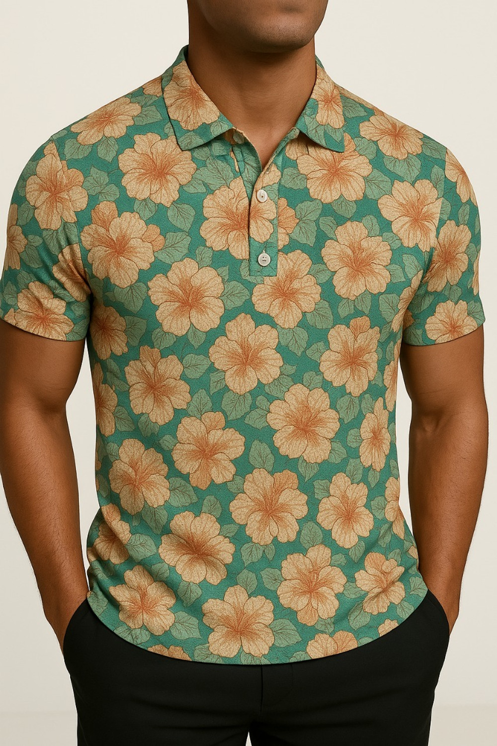 Image of Try This Floral Print Men Polo Neck Light Green T-Shirt