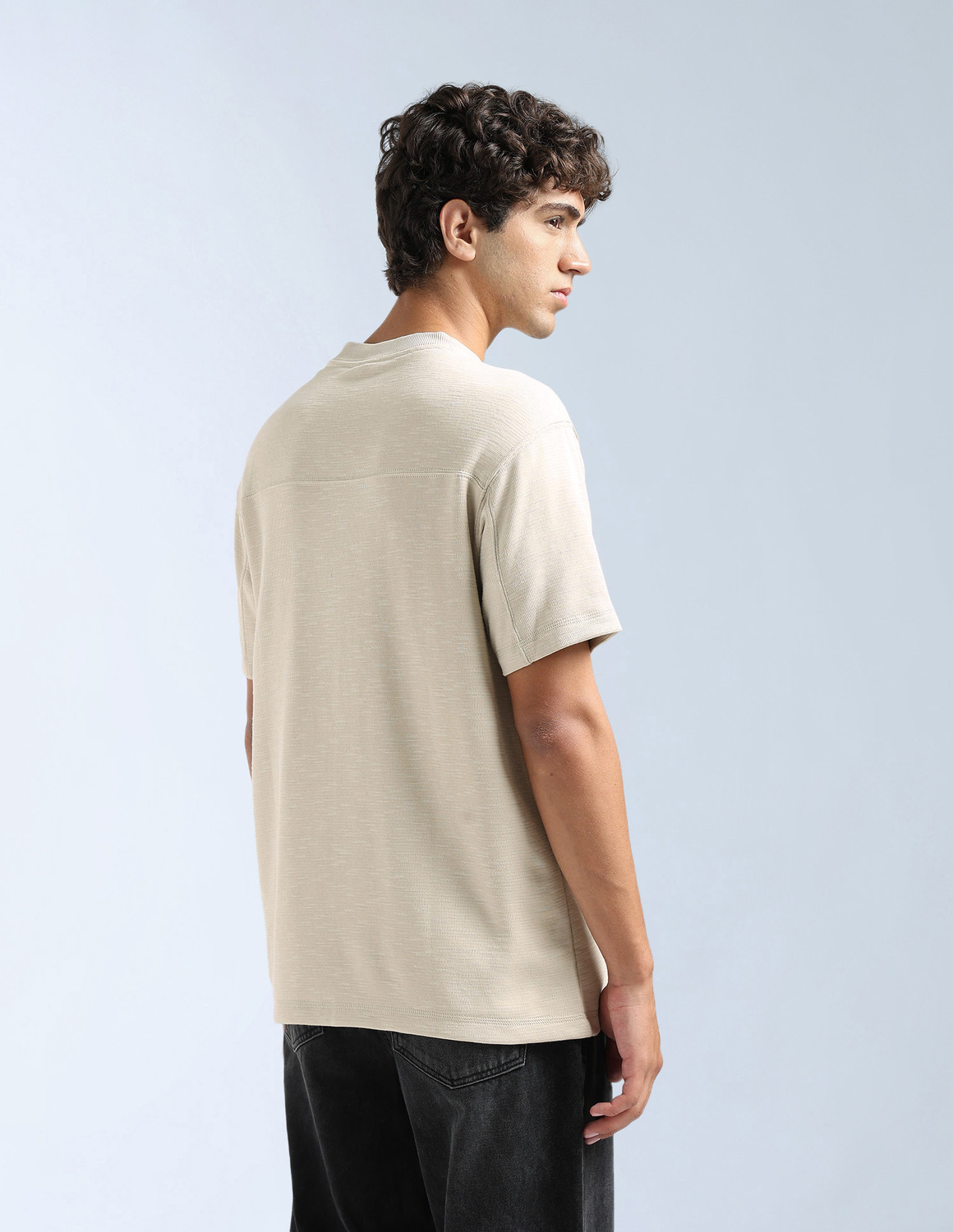 Image of FLYING MACHINE Solid Men Crew Neck Beige T-Shirt