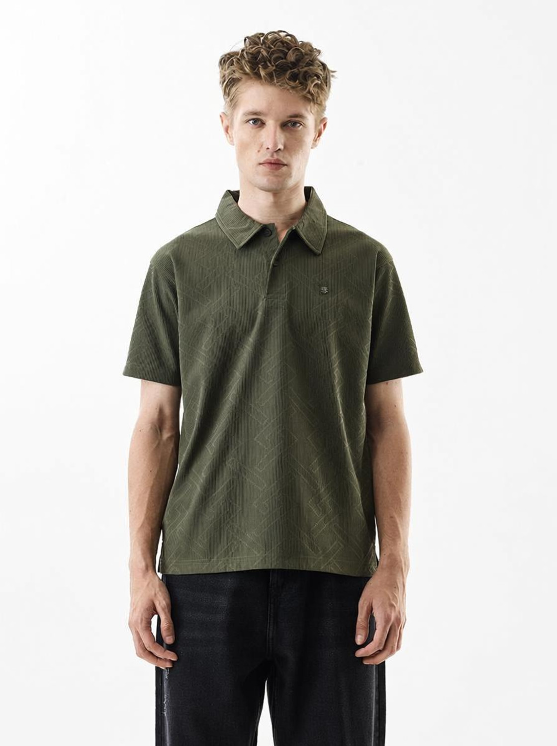 Image of Snitch Geometric Print Men Polo Neck Dark Green T-Shirt